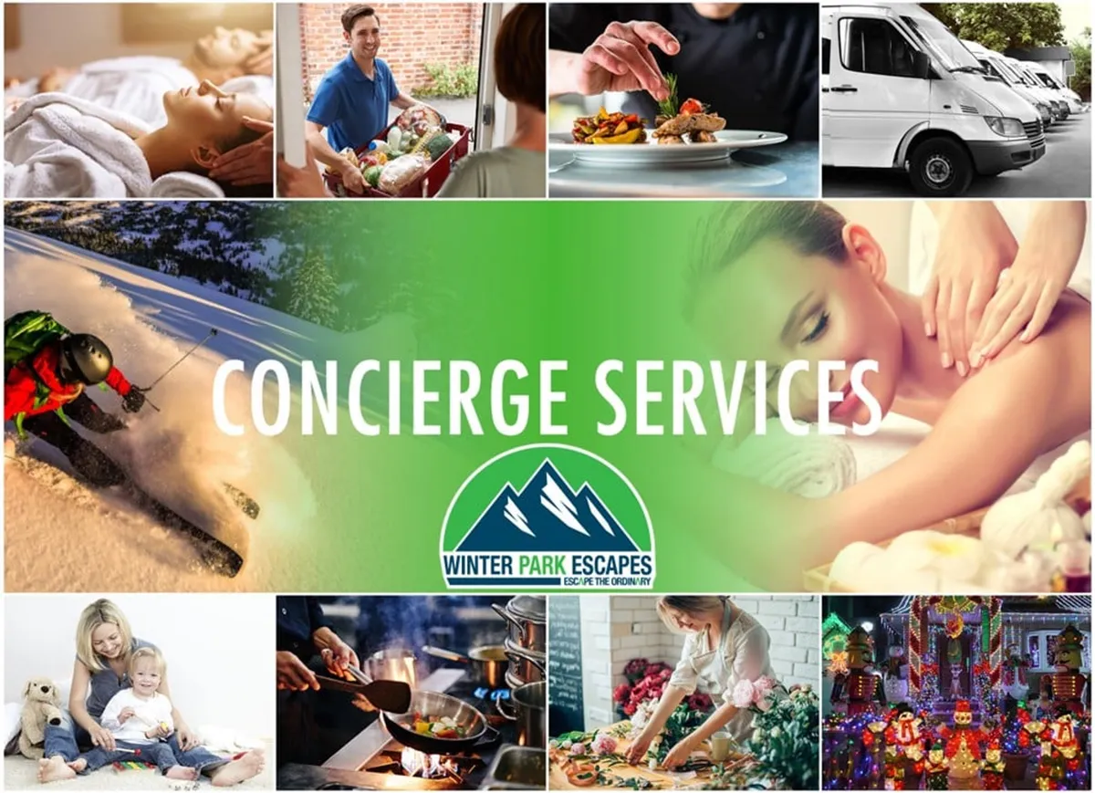 This image showcases a variety of concierge services available, including couples enjoying in-room massages, families cooking together, food delivery arriving at the door, festive decorations, and a skiing adventure. The visual mix highlights both luxury pampering and adventurous activities that are tailored for guests at Winter Park Escapes.