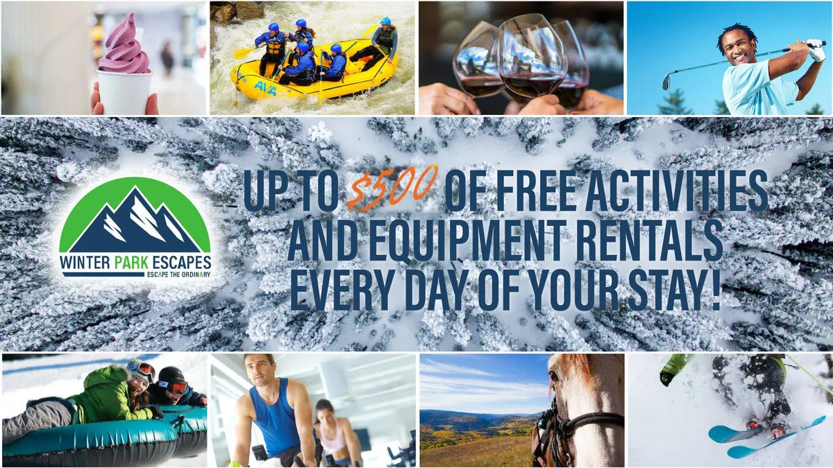A dynamic collage featuring adventurous activities like white-water rafting and skiing, as well as moments of relaxation like yoga and wine tasting. The image communicates a blend of excitement and leisure, with visual cues for both summer and winter activities.