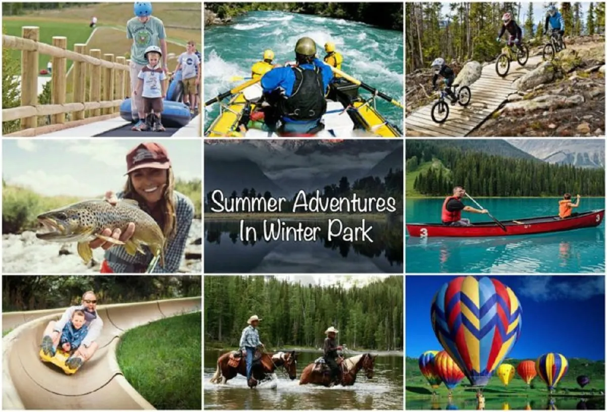 A colorful exterior image featuring families enthusiastically enjoying a variety of outdoor activities: rafting, biking, fishing, kayaking, and hot air ballooning. The scenic landscape and active participants emphasize adventure and family fun in every season.